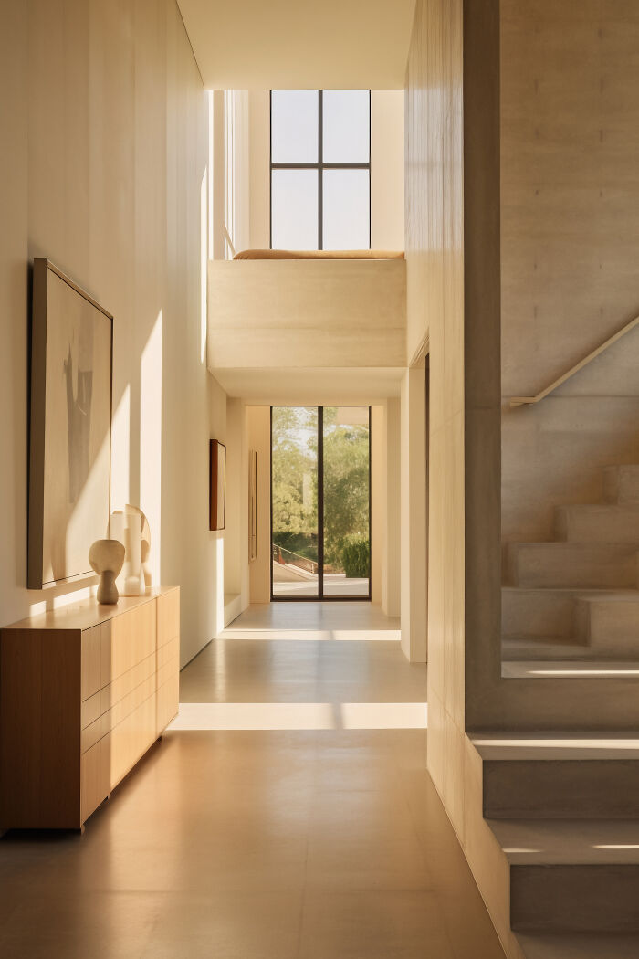 Minimalist hallway with ambient light, vessel sink decor on cabinet, and large window in a modern home.