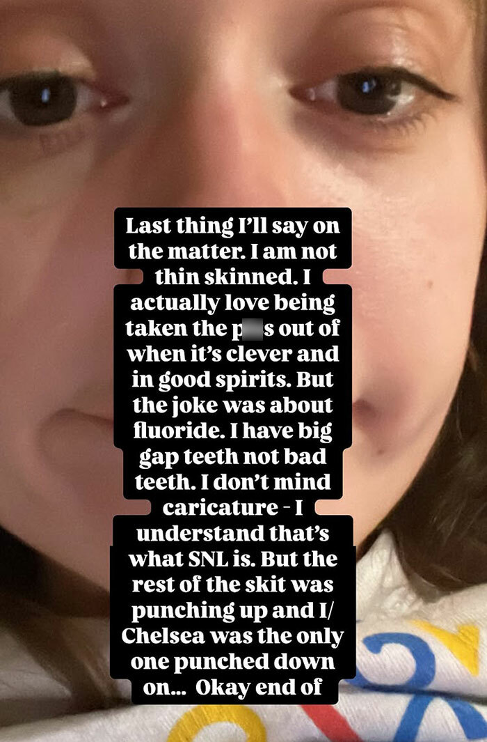 A person sharing a message expressing frustration with SNL for mocking their teeth in a skit.