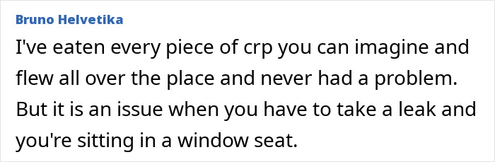 Text about food and drink issues at airports, mentioning window seat problems.