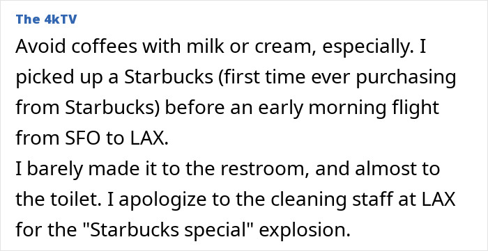 Text about avoiding coffee with milk at airports for digestive reasons.