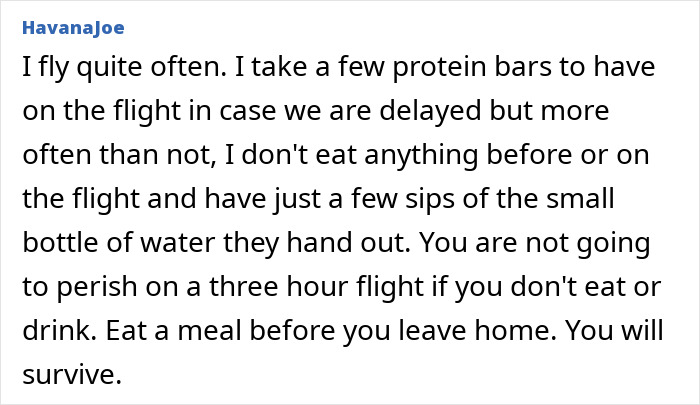 Text advice on airport food and drink avoidance, emphasizing pre-flight meals and hydration with small water sips.