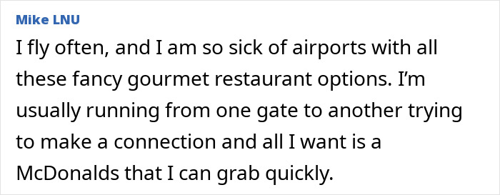 Text expressing frustration with fancy airport food, preferring quick options like McDonald's.