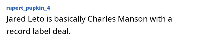 Comment comparing Jared Leto to Charles Manson, referencing a record label.