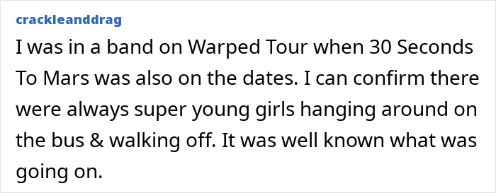 Text screenshot alleging incidents involving young girls on Warped Tour with 30 Seconds To Mars.