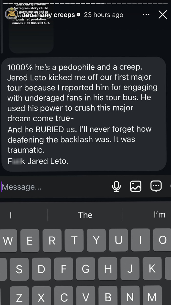 Instagram Story screenshot alleging claims against public figure Jared Leto.