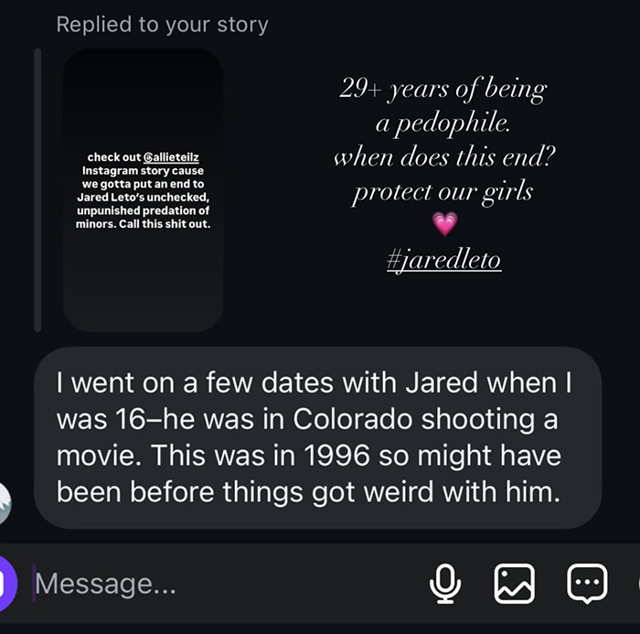 Text alleging predation by Jared Leto shared on Instagram, calls for protecting girls and ending predation behavior.