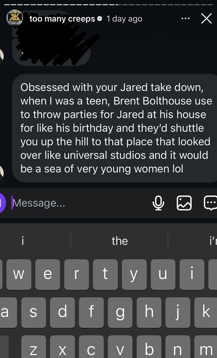 Text exchange alleging parties for Jared Leto with young women, claimed by Allie Teilz.
