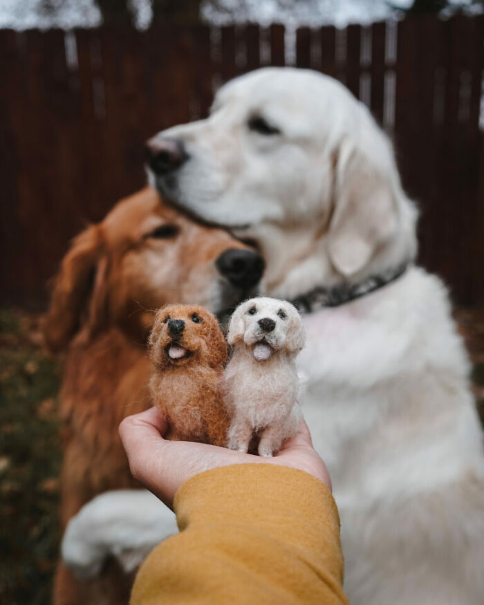 Cute felted pet versions held in front of two dogs in a cozy outdoor setting.