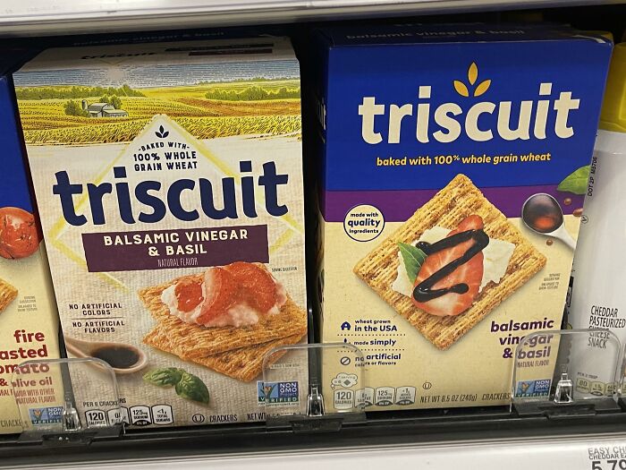 Triscuit balsamic vinegar and basil crackers on a store shelf, showcasing American snack foods available internationally.