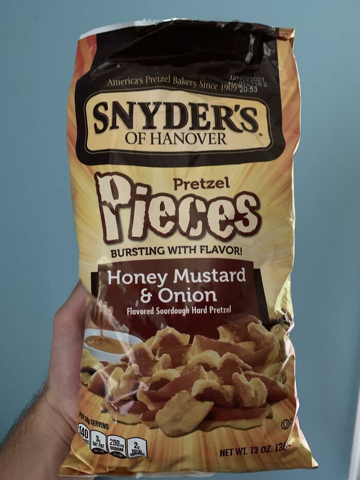 Bag of Snyder's Honey Mustard & Onion Pretzel Pieces, an American snack available in non-American stores.