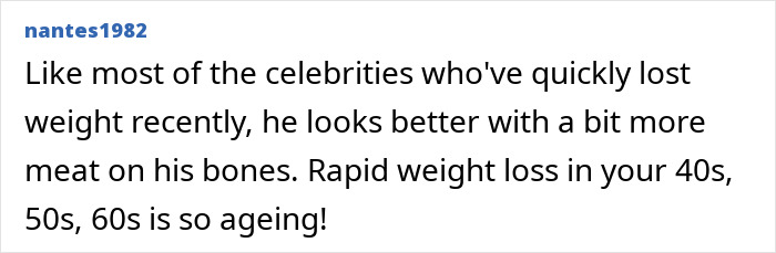Comment critiquing Jason Biggs' rapid weight loss, suggesting he looks better with more weight, links to ageing concerns.
