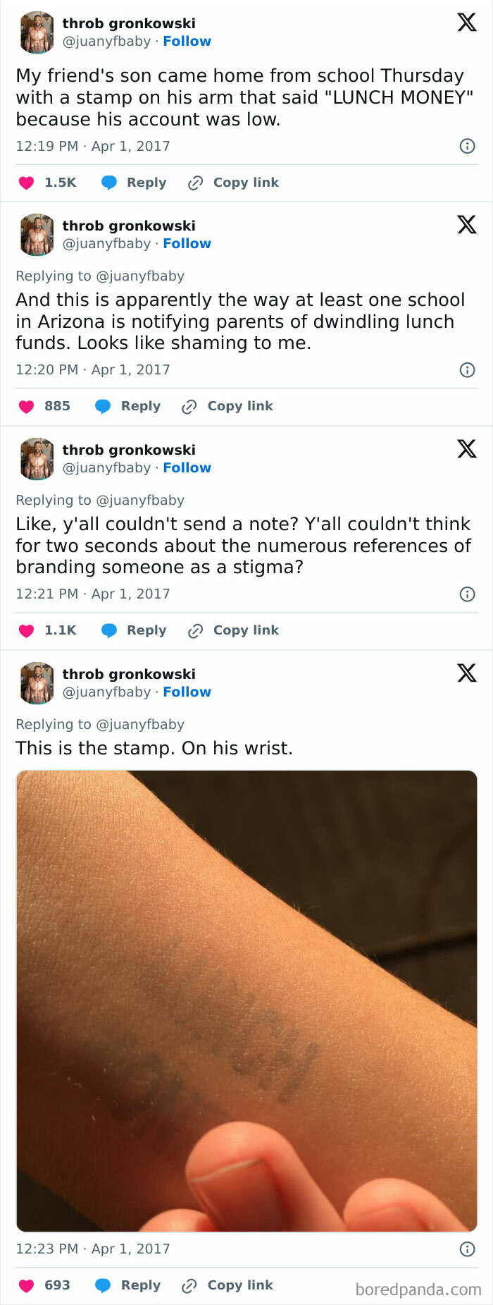 Tweet about American schools' lunch money stamp policy on a student's wrist.