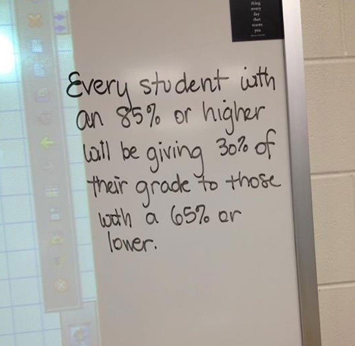Whiteboard with a note about grade distribution in American schools.