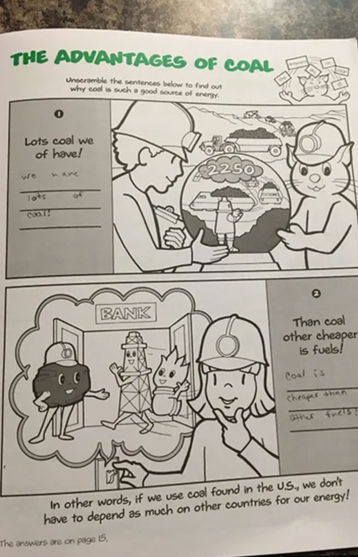 American schools worksheet on coal advantages, featuring cartoon miners and energy symbols.