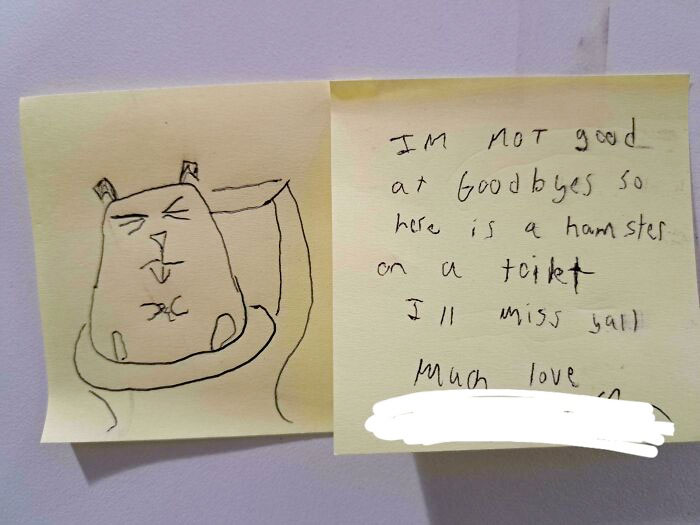 Sticky notes with a humorous hamster drawing on a toilet, showcasing funny coworkers and their creativity.