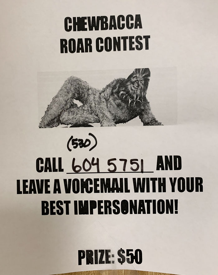 Coworker's funny Chewbacca roar contest flyer with a $50 prize for best impersonation.