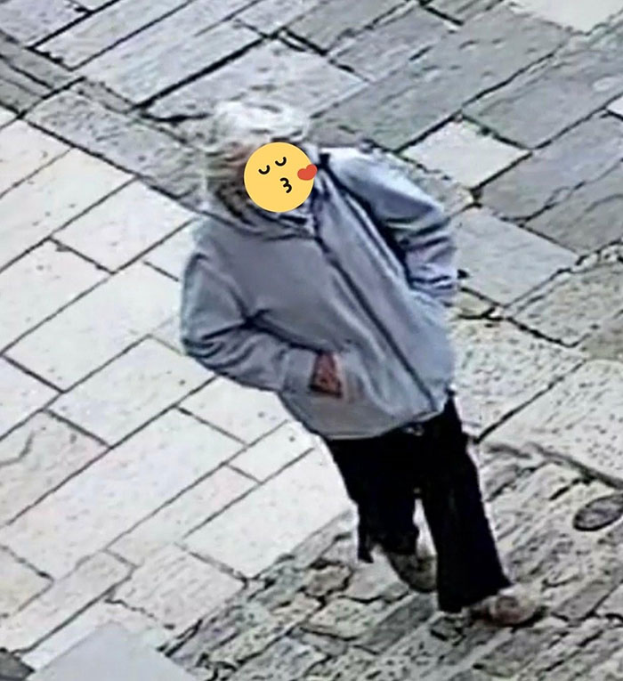 A person in a hoodie walking on stone pavement, with their face covered by an emoji, related to plant thief.