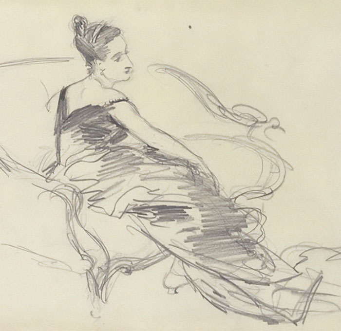 Sketch of a woman in a flowing dress, related to the controversial painting at the Metropolitan Museum of Art.