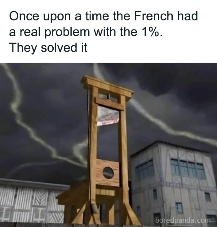 Guillotine against stormy sky with text on solving inequality, reflecting criticisms of capitalism.