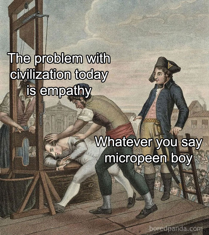 Satirical depiction of capitalism critique with two men at a guillotine, overlayed with humorous text.