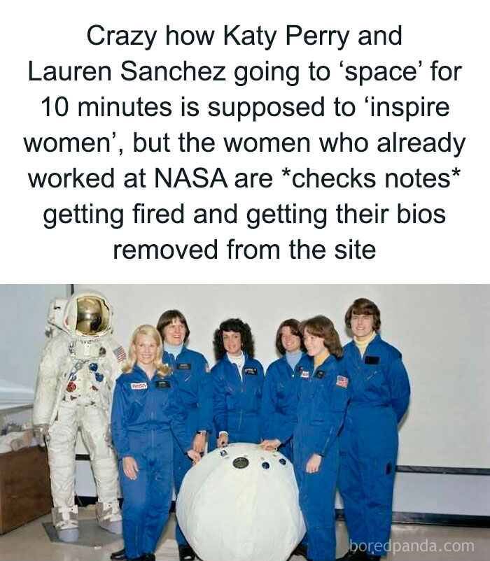 Women in blue NASA uniforms with a sarcastic text overlay criticizing capitalism's impact on female astronauts.