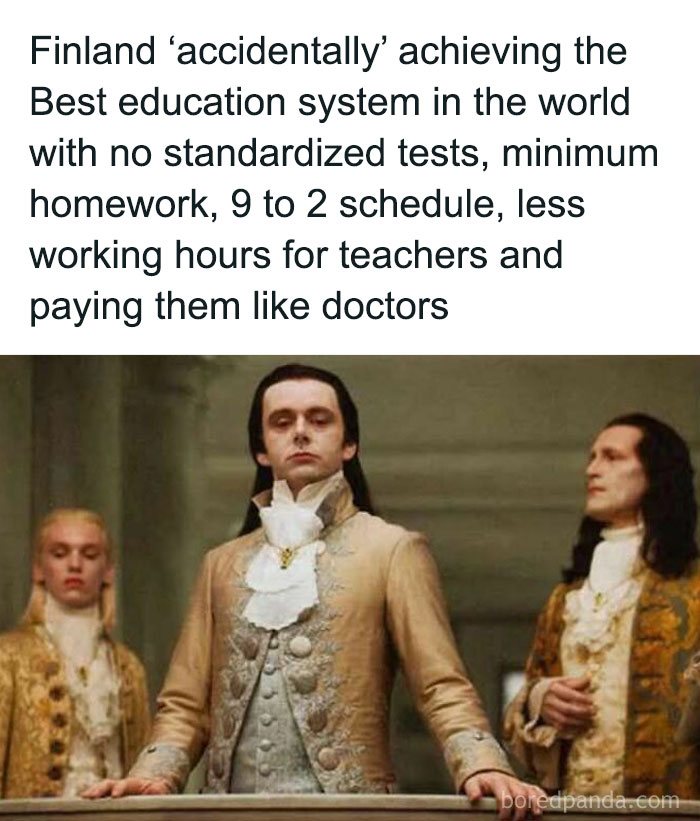 A caption about Finland's education system success over a historical movie scene; commentary on capitalism evident.