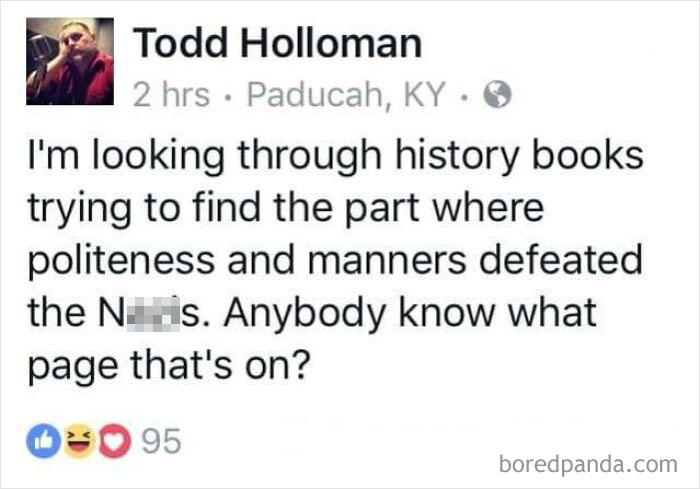 A Facebook post expressing frustration with polite approaches in history, relevant to critiques of capitalism.