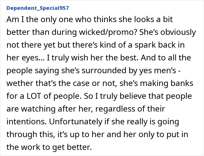 Text from a Reddit user discussing Ariana Grande's appearance and support system.