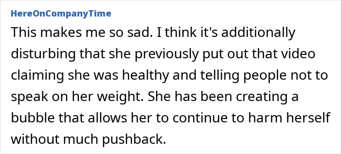 Comment discussing concern for Ariana Grande's health and actions.