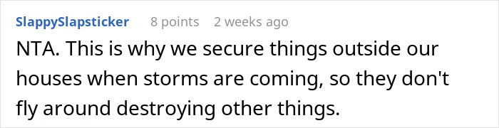 Comment about storm causing a trampoline to fly into a neighbor&rsquo;s yard, emphasizing securing outdoor items.