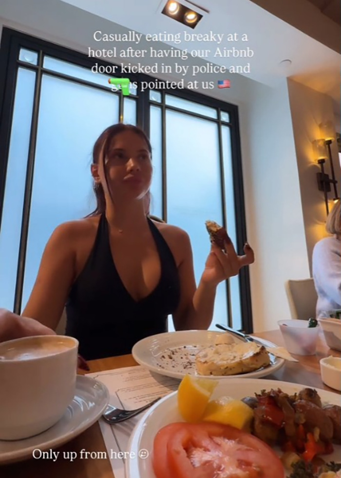 Influencer having breakfast at a hotel after a scary night with police at an illegal Airbnb during Coachella. Influencer having breakfast at a hotel after a scary night with police at an illegal Airbnb during Coachella.