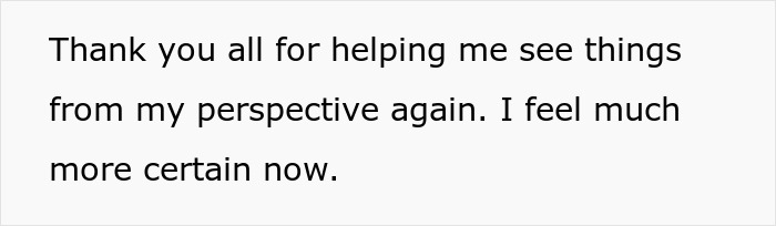 Text reading, "Thank you all for helping me see things from my perspective again. I feel much more certain now," related to affair baby.