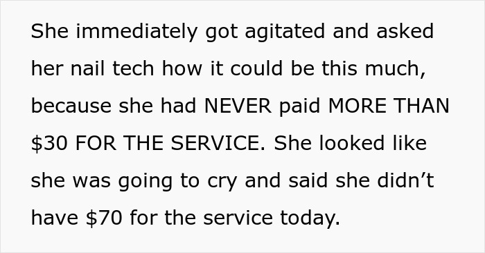 Woman vents about nail salon prices, feels overwhelmed by unexpected $70 charge, sparking chaos in the salon.