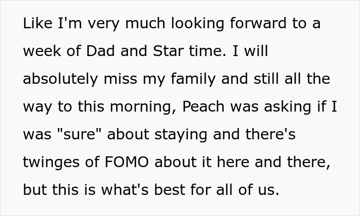 Text message discussing vacation spot changes and family dynamics.