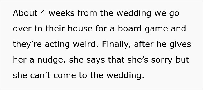 Text exchange about wedding exclusion after vacation cancellation for friends' event. Text exchange about wedding exclusion after vacation cancellation for friends' event.