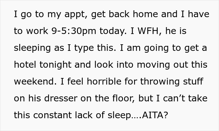 Text post about sleep deprivation in a relationship, mentioning working from home and considering staying in a hotel. Text post about sleep deprivation in a relationship, mentioning working from home and considering staying in a hotel.