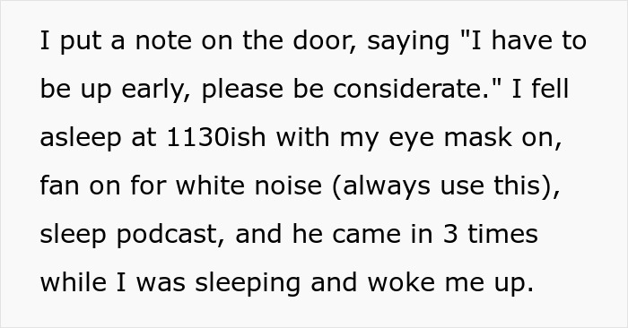 Text describing struggles of proper sleep deprivation caused by boyfriend, leading to frustration and considering hotel stay. Text describing struggles of proper sleep deprivation caused by boyfriend, leading to frustration and considering hotel stay.