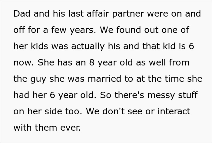 Text about family complexities and relationship issues, possibly discussing a dad's engagement.