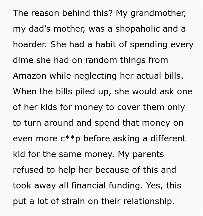 Text about family dynamics, financial issues, and hoarding behavior.