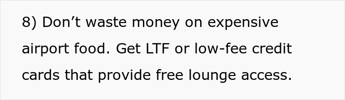 Tip about saving on airport food by using low-fee credit cards with free lounge access for affordable flights.
