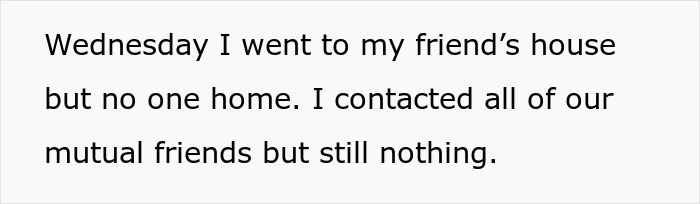 Text message about visiting a friend's empty home and failing to contact mutual friends, related to babysitting disappearance.