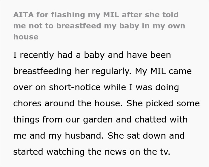 Text discussing a woman breastfeeding in front of her mother-in-law and their ensuing conversation.
