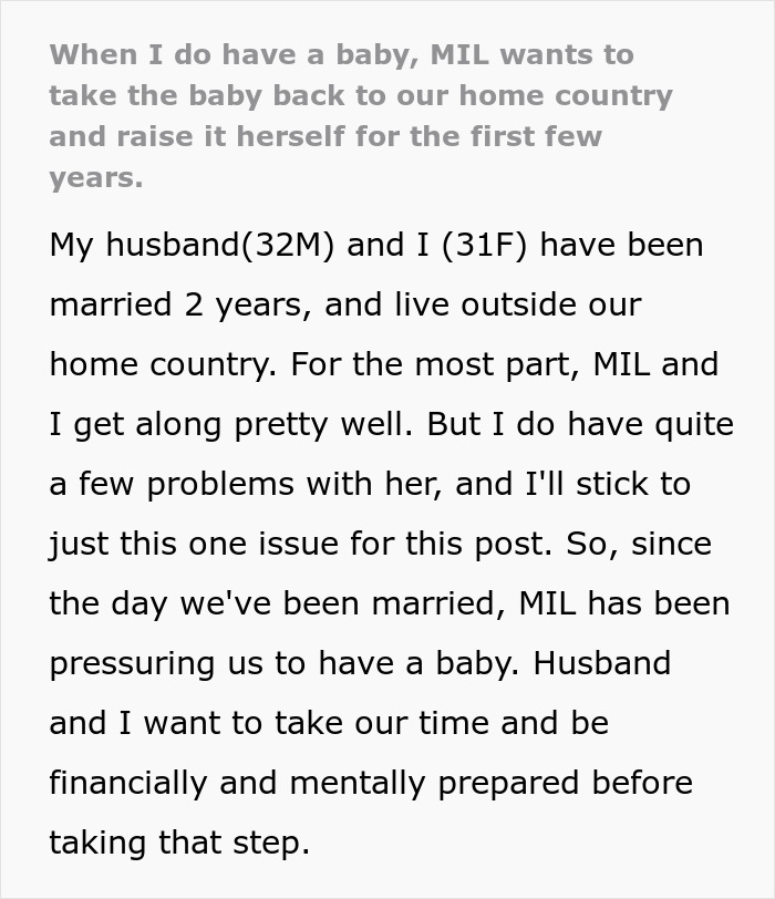 Text excerpt discussing concerns over MIL's comment about taking the baby to her home country.