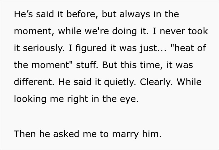 Text about a sugar daddy proposing marriage, leaving the woman in shock.