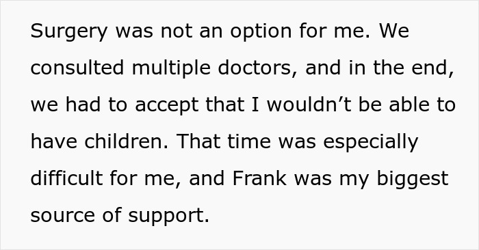 Text describing a difficult time accepting infertility, with strong support from Frank.
