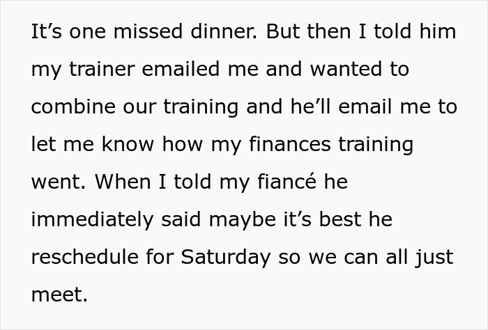 Text message about missed dinner and rescheduling with fianc&eacute;, hinting at underlying motives and fiancee's concerns.