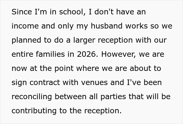 Text discussing wedding reception plans and financial contributions between families.