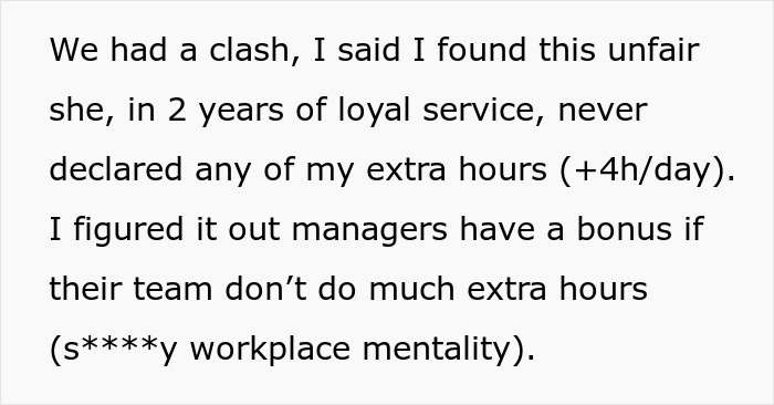 Text about manager behavior highlighting unfairness and extra work issues in workplace culture.