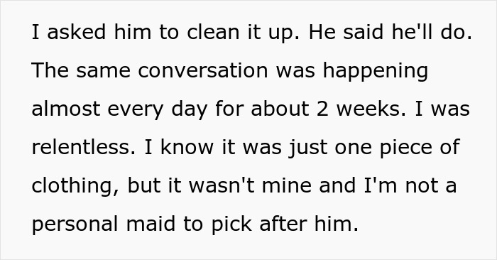 Text screenshot discussing a woman’s frustration with her boyfriend not cleaning up after himself. Text screenshot discussing a woman’s frustration with her boyfriend not cleaning up after himself.
