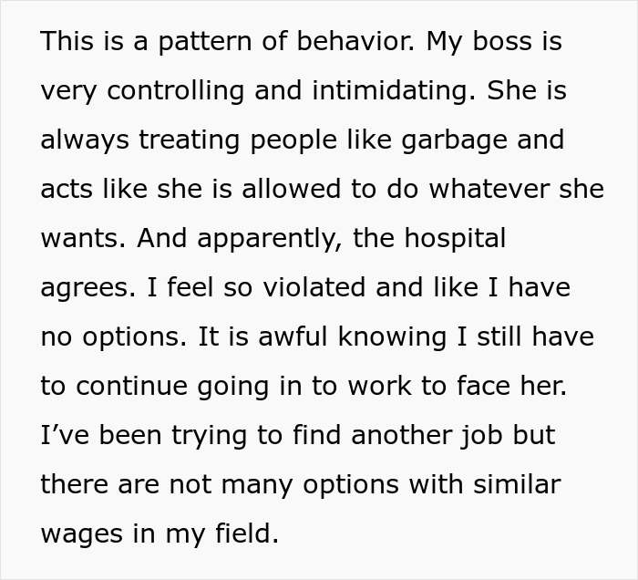 Text describing a controlling boss impacting doctor's appointment plans.